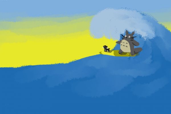 totoro surfing with dog